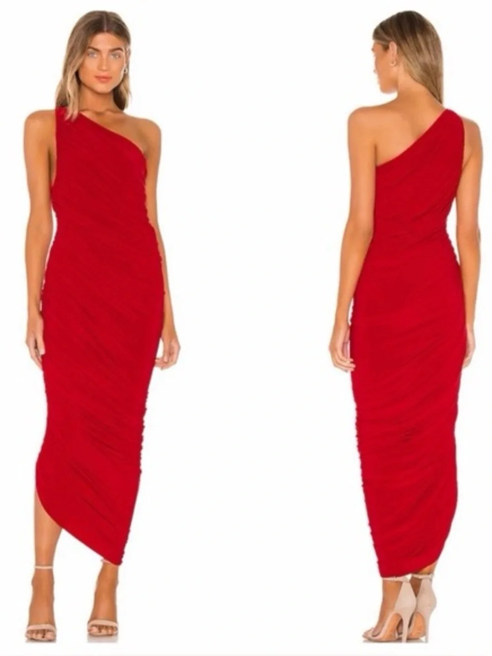 Norma Kamali Diana One Shoulder Gown Red Ruched Bodycon‎ Formal Cocktail Size XS